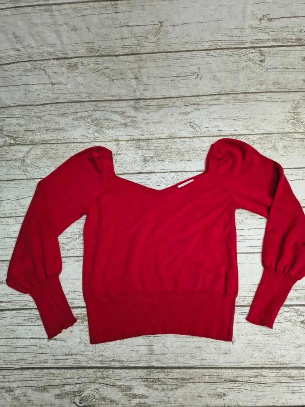 Anthropologie Red Sweetheart Puff Sleeve Sweater Size Large